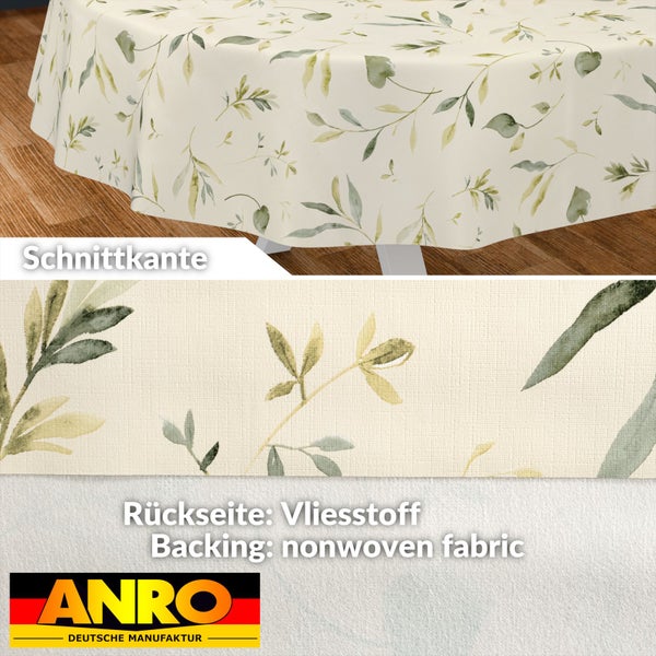 Abwaschbare Tischdecke mit Blattmotiv, Schnittkante und Vliesstoff-Rückseite. ANRO Deutsche Manufaktur Logo.