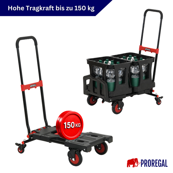 Proregal Plattformwagen mit 150 Kilogramm Tragkraft, leer mit Gewichtssymbol und beladen mit zwei Getränkekisten. Proregal Logo.