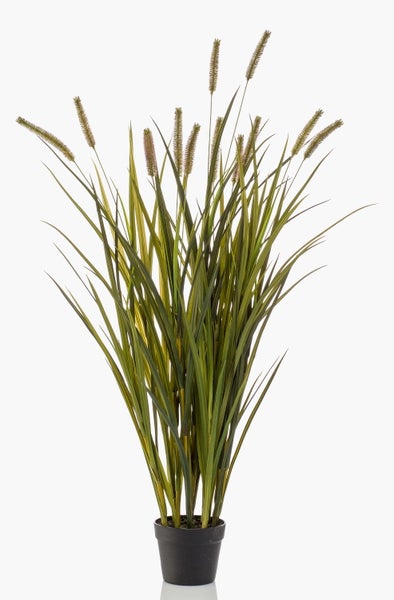 Künstliches Ziergras im schwarzen Kunststofftopf mit mehreren Ähren.