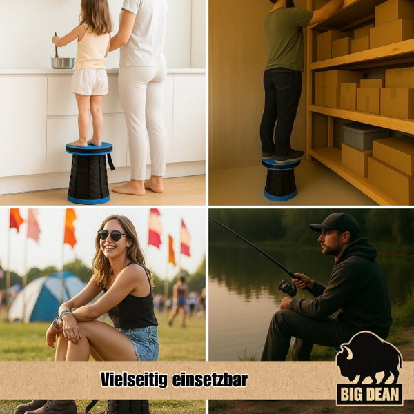 Collage mit verschiedenen Anwendungen für einen Teleskophocker: in der Küche, im Lager, auf einem Festival und beim Angeln. Big Dean Logo.