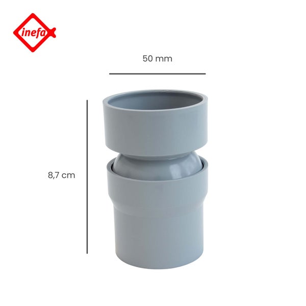 Inefa Fallrohrgelenk aus grauem Kunststoff, Durchmesser 50 Millimeter, Höhe 8,7 Zentimeter. Inefa Logo.