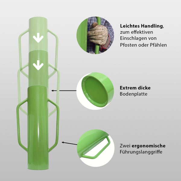 Pfostenramme mit zwei ergonomischen Griffen und massiver Bodenplatte zum einfachen Einschlagen von Zaunpfosten und Pfählen.