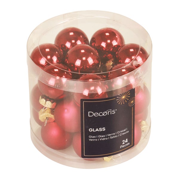 24 rote Christbaumkugeln aus Glas in transparenter Verpackung