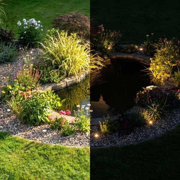 Gartenbeleuchtung an einem Gartenteich mit Steineinfassung bei Tag und Nacht.