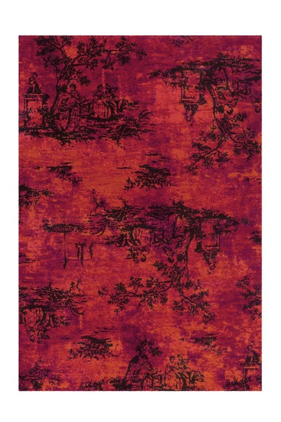 Rechteckiger Teppich mit Toile-de-Jouy-Muster, rote und orangefarbene Grundfläche mit dunklen klassischen Szenen.