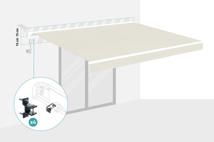 Beige Gelenkarmmarkise mit Wind- und Sonnenwächter sowie vier Befestigungswinkeln