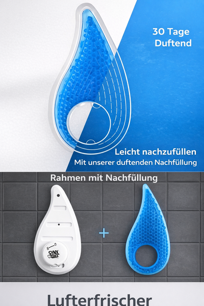 Lufterfrischer in Tropfenform mit weißem Halter und blauer Dufteinlage. Der Text informiert über 30 Tage Duftdauer und einfaches Nachfüllen.