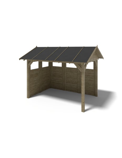 Holzunterstand mit Satteldach und drei Seitenwänden aus Holzplanken.