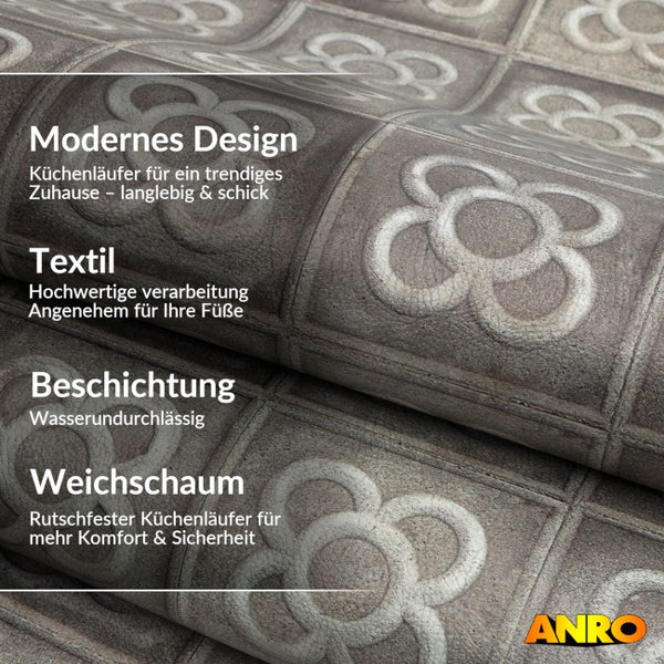 Küchenläufer mit floralem Kachelmuster, Textiloberfläche, wasserundurchlässiger Beschichtung, rutschfestem Weichschaum und ANRO Logo.