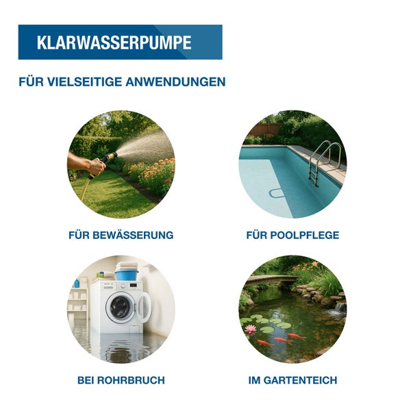 Einsatzgebiete der Klarwasserpumpe: Bewässerung, Poolpflege, Entwässerung bei Rohrbruch und Nutzung im Gartenteich.