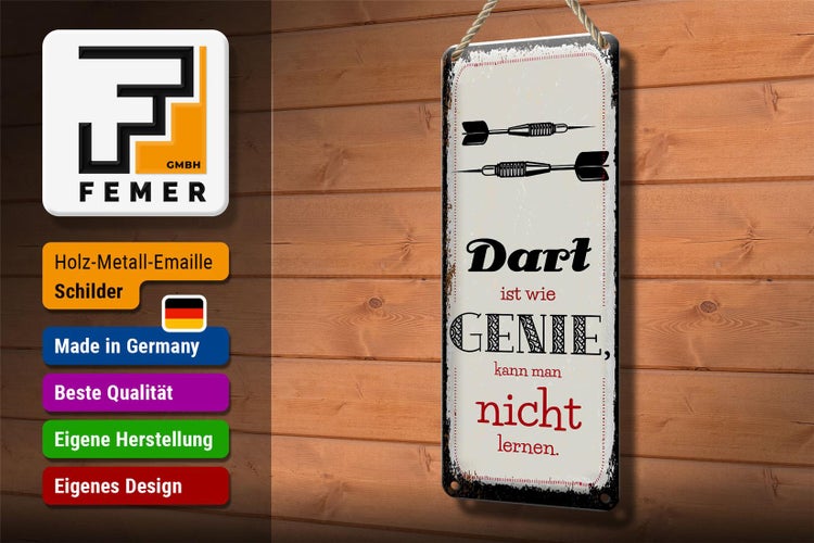 Blechschild Spruch Dart Genie kann man nicht lernen 10x27cm