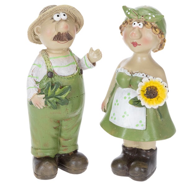 Set aus zwei Gartenfiguren, Mann mit Strohhut und grüner Latzhose sowie Frau mit grünem Kopftuch und Sonnenblume.