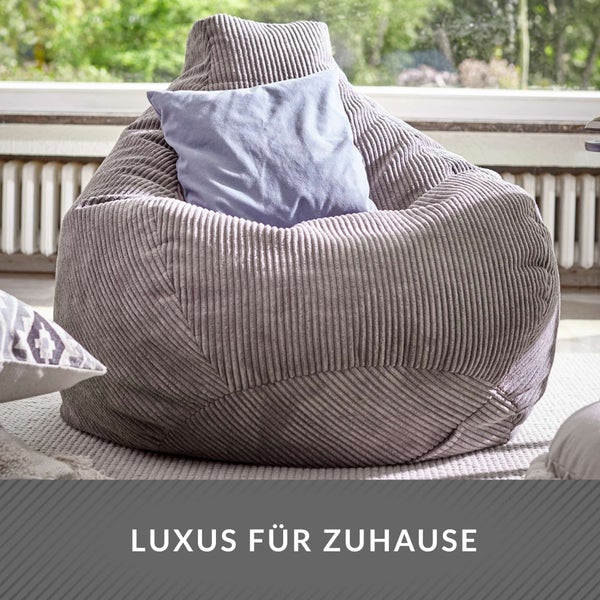 Green Bean Sitzsack mit Rückenlehne 80x80x90cm - Gaming Chair mit 230L Füllung Cordstoff - Bean Bag Bodenkissen Lounge Sitzhocker Relax-Sessel Gamer Gamingstuhl Hellgrau