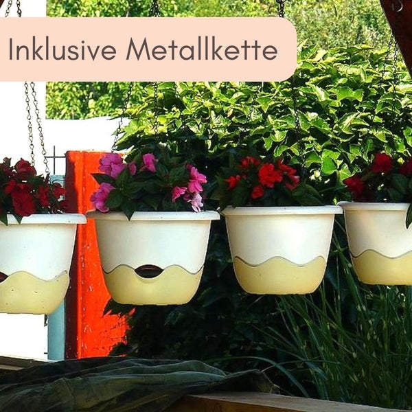 Hängeampeln mit Blumen inklusive Metallkette zur Aufhängung.