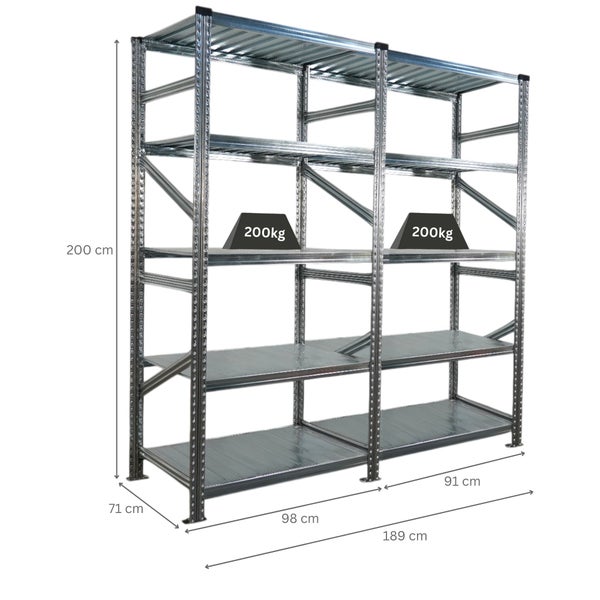 Metallregal mit einer Höhe von 200 cm, einer Breite von 189 cm und einer Tiefe von 71 cm, belastbar mit bis zu 200 kg