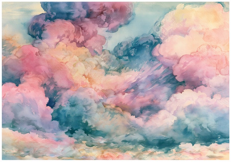 Wandtapete mit einem aquarellartigen Wolkenmotiv in weichen Farbtönen für eine moderne Wandgestaltung.
