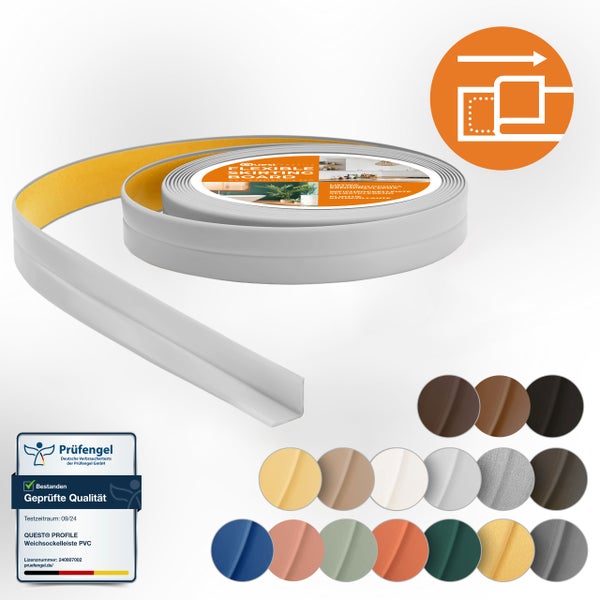 Selbstklebende PVC Weichsockelleiste von Quest Profile in Rollenform mit Prüfsiegel für geprüfte Qualität