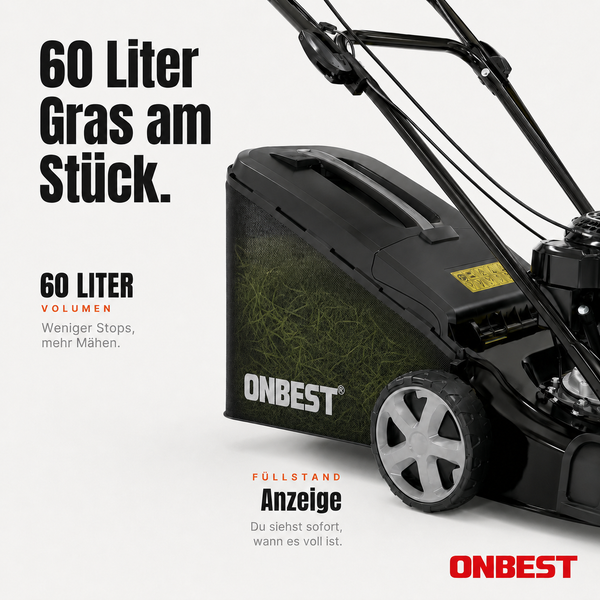 Onbest Rasenmäher mit 60 Liter Grasfangkorb und Füllstandsanzeige. Onbest Logo.
