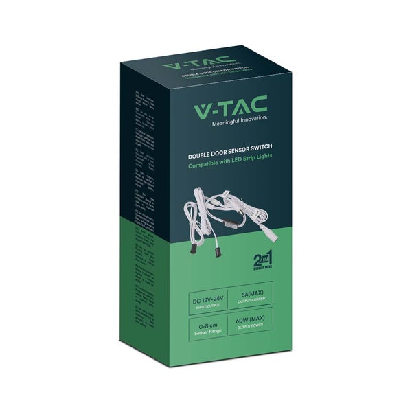 V-TAC Doppel-Türsensor-Schalter für LED-Streifen, Sensorreichweite 0 bis 8 Zentimeter, 12 bis 24 Volt Gleichstrom, V-TAC Logo