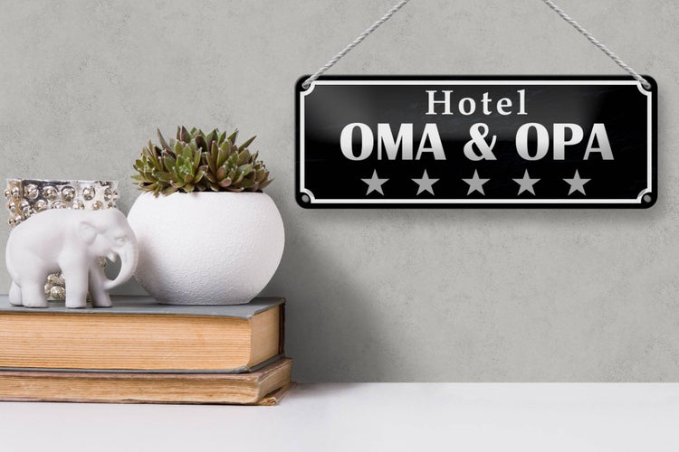 Blechschild Spruch 27x10cm Hotel Oma Opa 5 Sterne Dekoration