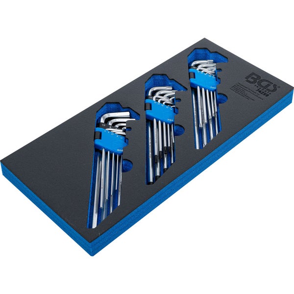 BGS Werkstattwageneinlage 1/3: Winkelschlüssel-Satz extra lang T-Profil (für Torx) / T-Profil (für Torx) mit Bohrung / Innensechskant 27tlg. - 74259