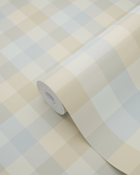 Vliestapete mit Karomuster in Hellblau und Beige, Tapetenrolle.