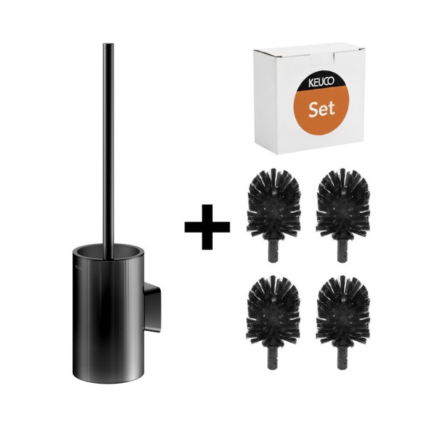 Schwarze Keuco Toilettenbürstengarnitur zur Wandmontage inklusive Halter und Set mit vier Ersatzbürstenköpfen.