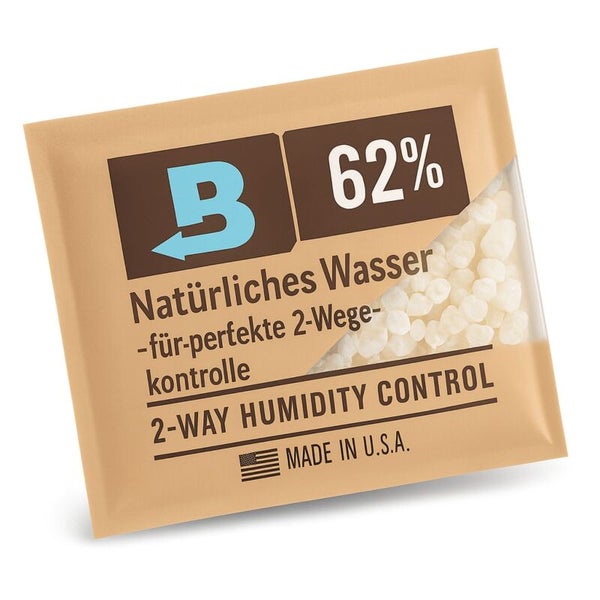 Boveda Logo auf einem Beutel für 2-Wege-Feuchtigkeitskontrolle mit 62 Prozent relativer Luftfeuchtigkeit.