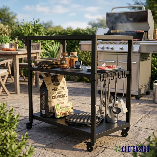 Helle, organisierte Szene mit einem schwarzen Grillwagen aus Metall auf einer Steinterrasse, bestückt mit Zubehör und Holzkohle, ChefGastro Logo.