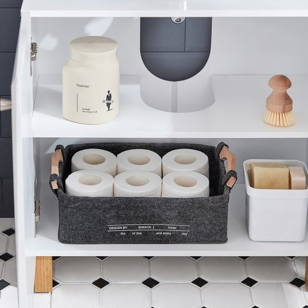 Badschrank mit Toilettenpapier, Aufbewahrungsbehälter und Seife