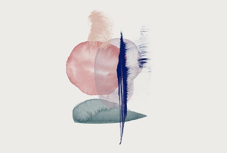 Abstraktes Wandbild mit Aquarell-Elementen, organischen Formen und Pinselstrichen.