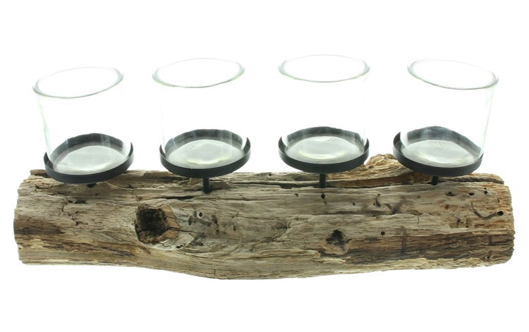 FRANK FLECHTWAREN | Kerzenhalter Wood, ULME, METALL, GLAS, ca. 49 x 10 x 18 cm, Glas Ø 8 x 8 cm