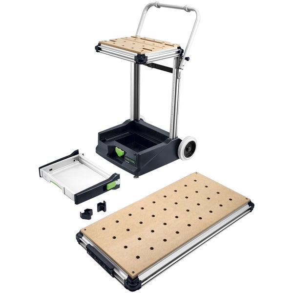 Mobiler Multifunktionstisch Festool MW 1000 Set mit fahrbarem Gestell, Schublade und großer Lochplatte aus Holz und Aluminium.