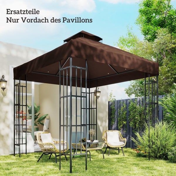 Ersatzdach für einen Gartenpavillon aus braunem Stoff, doppellagiges Dachdesign, montiert auf einem Metallgestell in einem Garten.