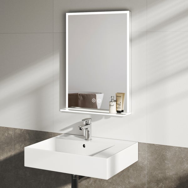 EMKE LED Badspiegel mit Ablage 70x50 cm, Kaltweiß, dimmbar, Touch-Schalter, Anti-Beschlag, mattierte Kanten, IP44, für Badezimmer geeignet