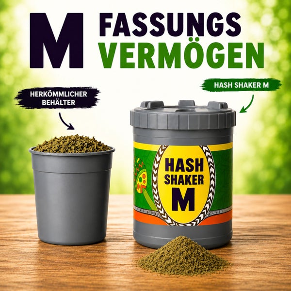 Vergleich eines herkömmlichen Behälters mit dem Hash Shaker Größe M zur Veranschaulichung des Fassungsvermögens.