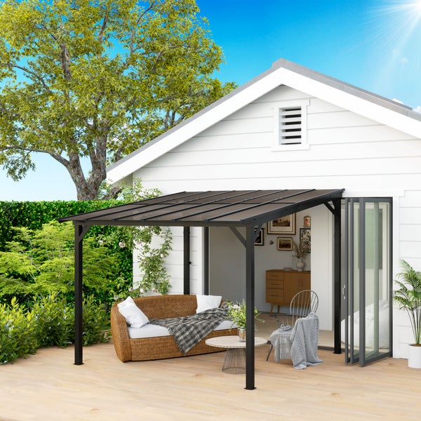 Outsunny Pergola Pavillon ca. 3x3m, Wasserdicht, Stabil, Winterfest Terrassenüberdachung mit UV-Schutz 50+, Wandmontiert Gartenpavillon aus Metall, Sonnenschutz für Garten Terrasse Balkon Dunkelgrau