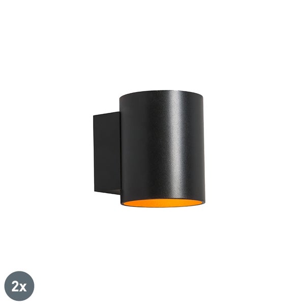 Set mit 2 Wandlampen außen rund und schwarz und innen Gold - Sola