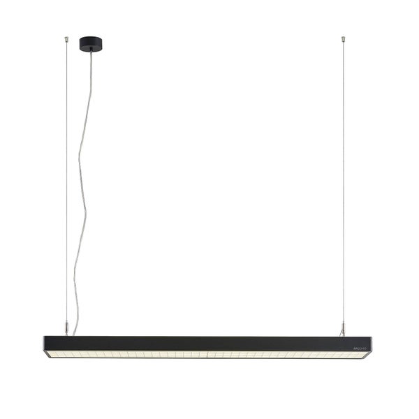 Arcchio LED-Pendelleuchte in Schwarz, lineares rechteckiges Design mit Rasterdiffusor, an dünnen Drahtseilen aufgehängt.