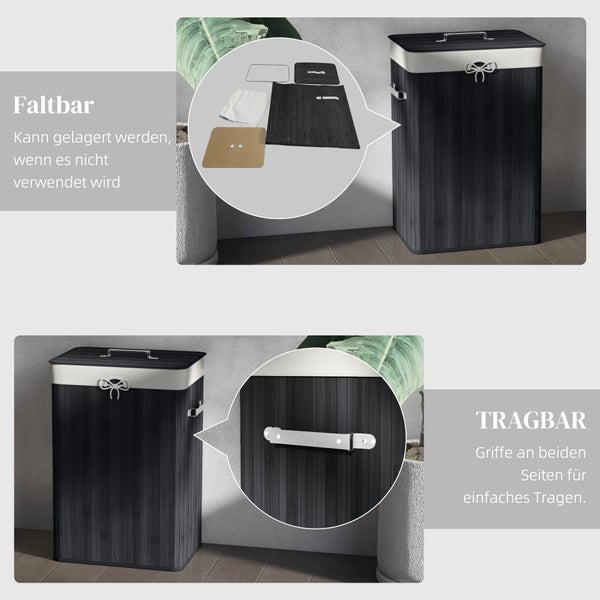 Faltbarer Wäschekorb aus Bambus mit Deckel und seitlichen Griffen für einfachen Transport.