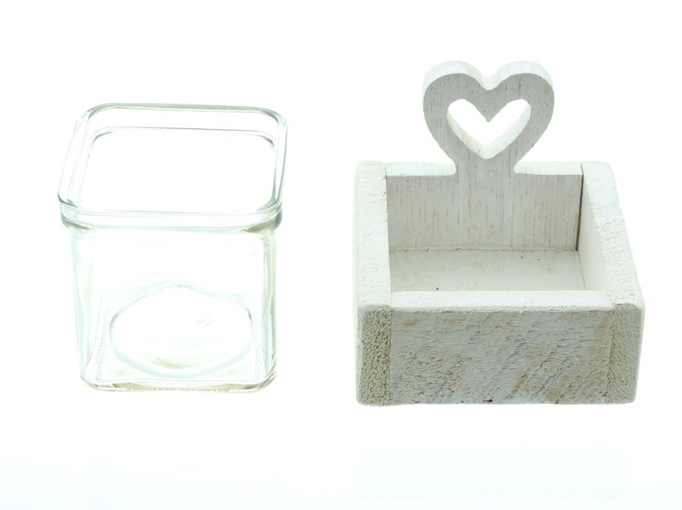 FRANK FLECHTWAREN | Windlicht White Heart, HOLZ, GLAS, 10 x 10 x 8,5 cm