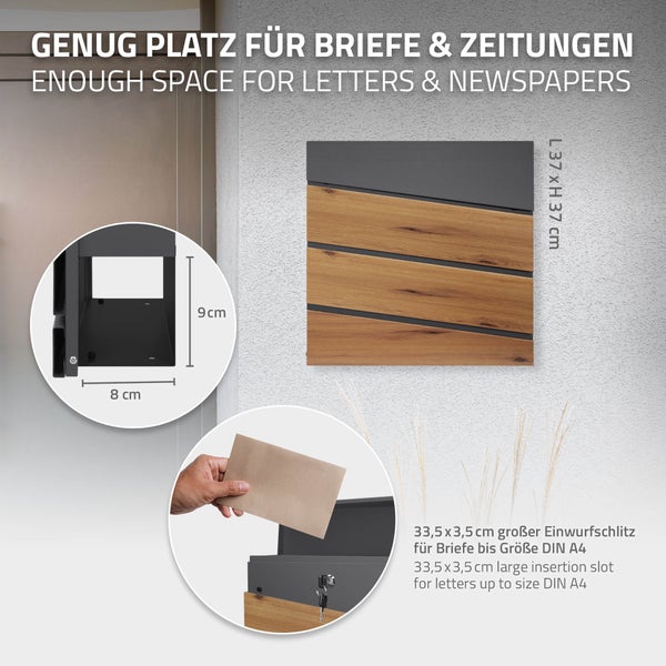 ECD Germany Standbriefkasten mit Zeitungsfach, Design Briefkasten mit Pfosten, Briefkastenanlage, Briefkastenständer 120 cm Anthrazit Edelstahl, Postkasten Anthrazit Holzoptik Stahl 37 x 37 x 11 cm