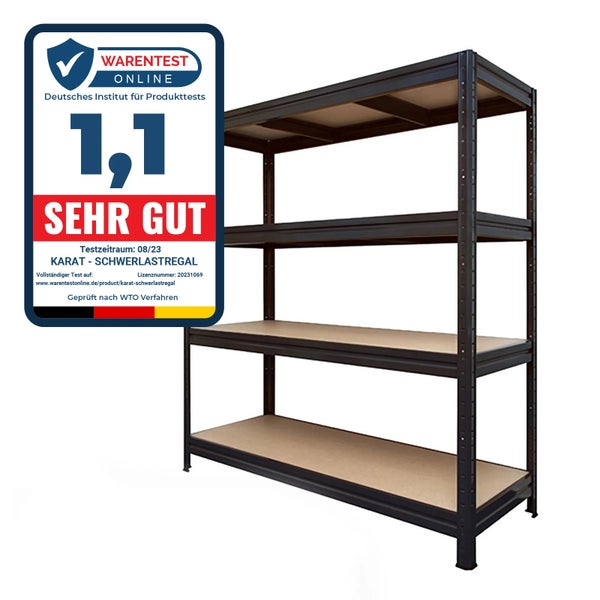 Schwerlastregal Karat mit vier Fachböden aus Holzwerkstoff und Metallrahmen, Testurteil sehr gut mit der Note 1,1 von Warentest Online.