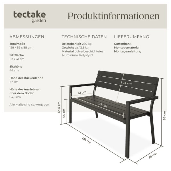 Gartenbank tectake Line 128 x 59 x 88 cm 2-Sitzer dunkelgrau