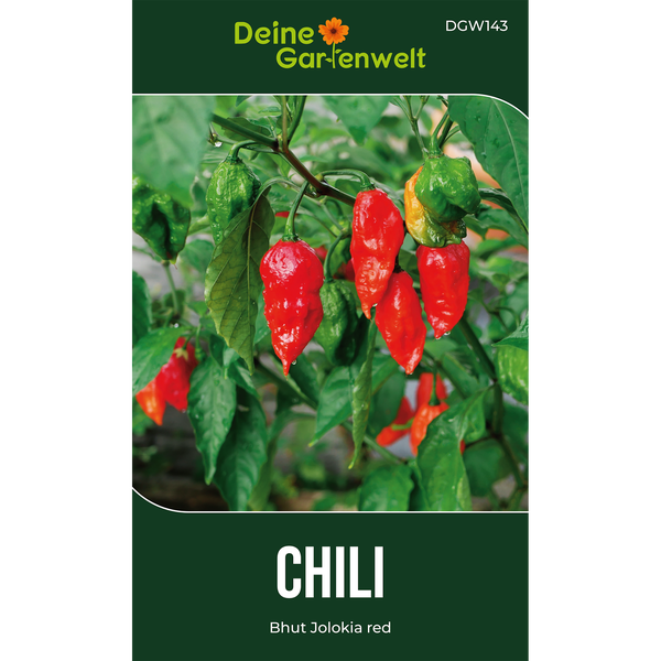 Chili Bhut Jolokia red von Deine Gartenwelt Logo mit roten und grünen Chilischoten an einer Pflanze.