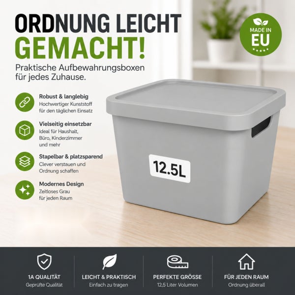 Kunststoff Aufbewahrungsbox mit Deckel 12,5 Liter für Haushalt und Büro, stapelbar, Made in European Union.