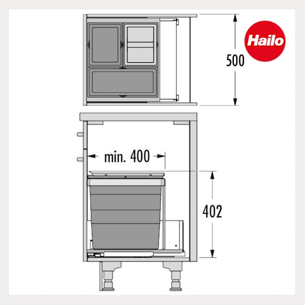 Technische Zeichnung des Hailo Einbaumülleimers mit Maßen 500 mal mindestens 400 mal 402 Millimeter und Hailo Logo.