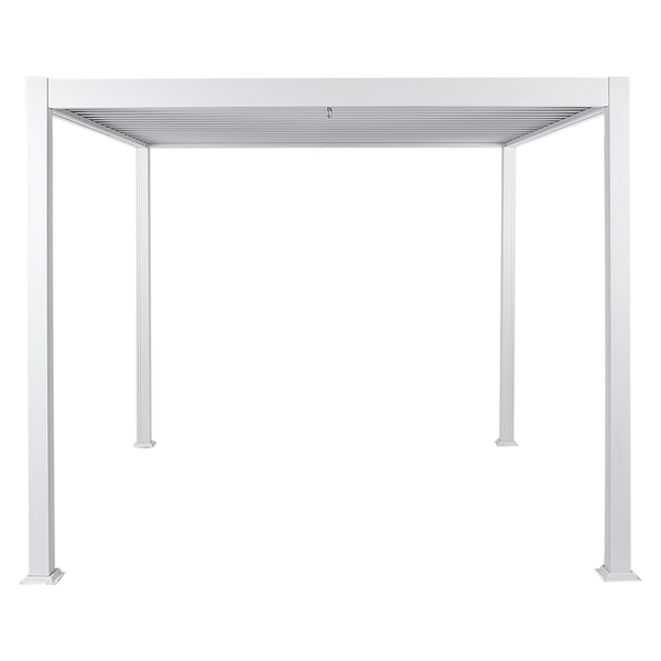 Freistehende Pergola aus Aluminium in Weiß mit verstellbarem Lamellendach.