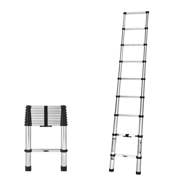 Thule Teleskopleiter, sowohl zusammengeklappt als auch ausgezogen dargestellt