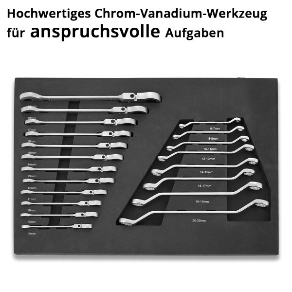 Set mit verschiedenen Chrom Vanadium Gabelringschlüsseln in einer Schaumstoffeinlage zur geordneten Aufbewahrung.